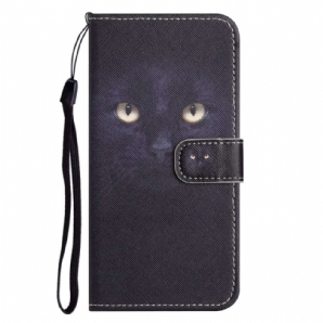 Flip Case Für OnePlus 10T 5G Mit Kordel Schwarze Katze Mit Riemen