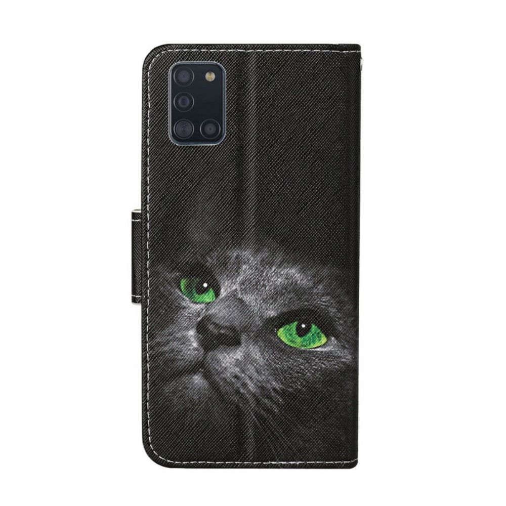 Lederhüllen Für Samsung Galaxy A31 Grünäugige Katze Mit Lanyard