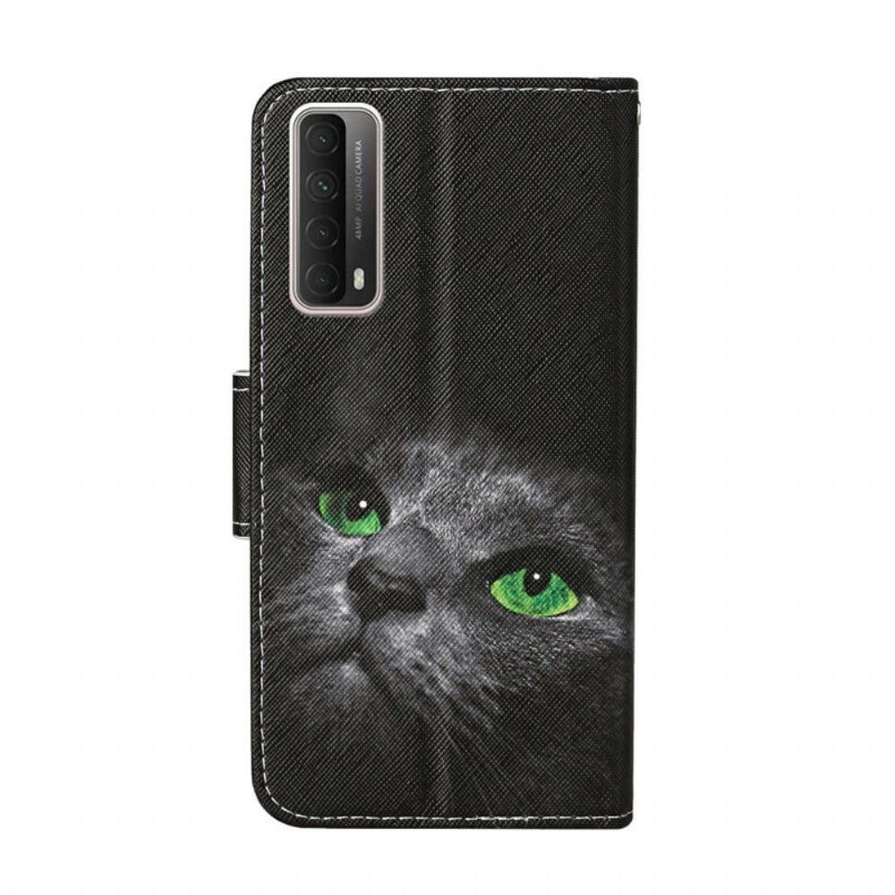 Lederhüllen Für Huawei P Smart 2024 Grünäugige Katze Mit Lanyard