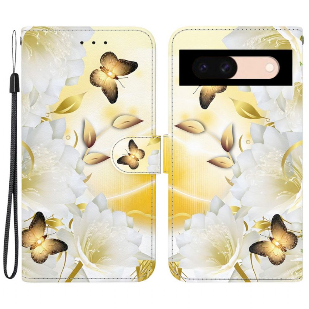 Lederhüllen Für Google Pixel 8a Goldene Schmetterlinge Und Weiße Blumen Mit Riemen