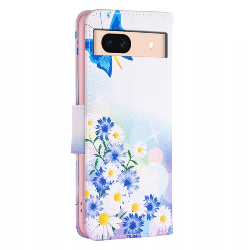 Lederhüllen Für Google Pixel 8a Schmetterlinge Und Blumen Aquarell