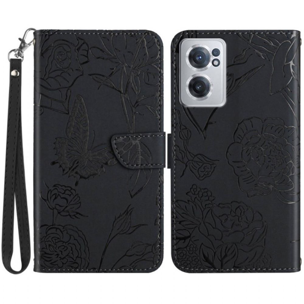 Flip Case Für OnePlus Nord CE 2 5G Mit Kordel Tanga Schmetterlinge Und Blumen