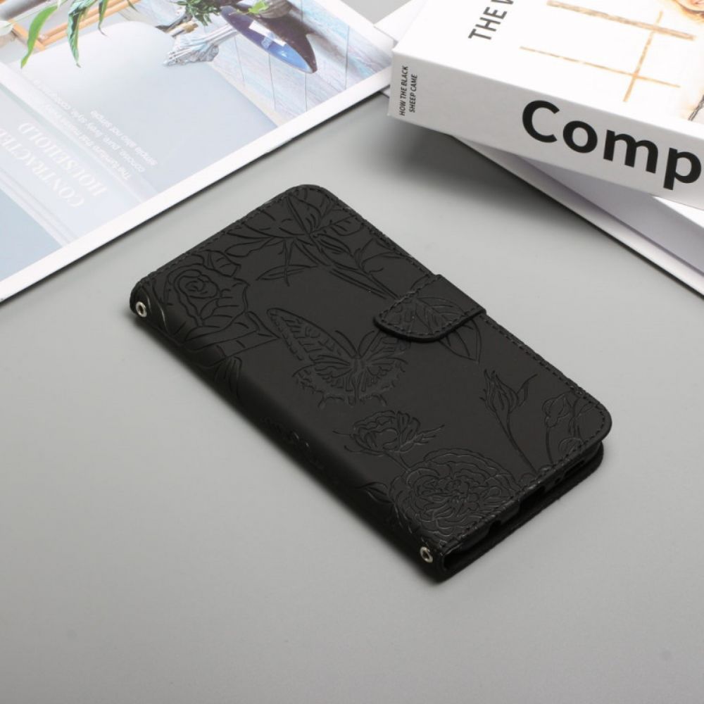 Flip Case Für OnePlus Nord CE 2 5G Mit Kordel Tanga Schmetterlinge Und Blumen