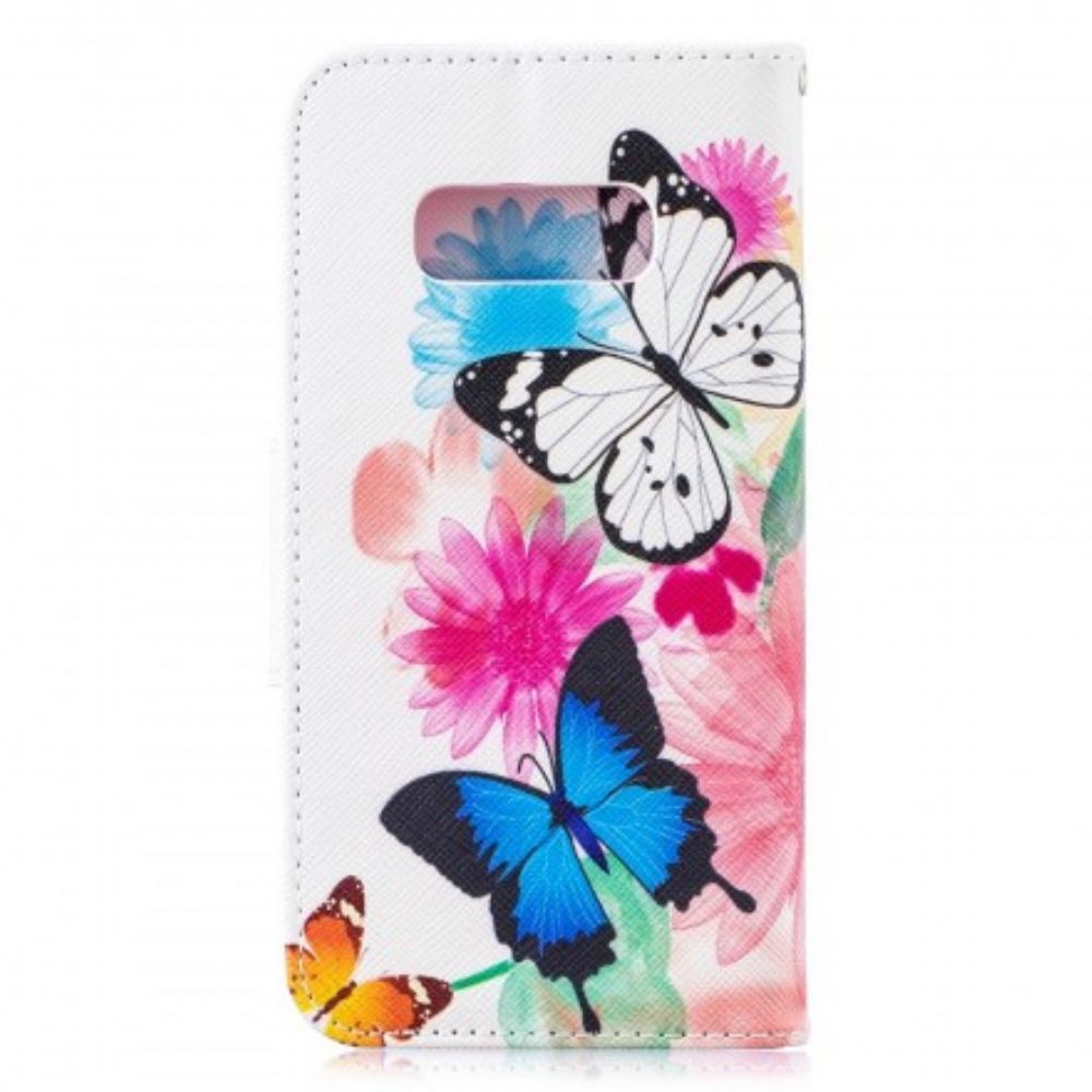 Flip Case Für Samsung Galaxy S10e Gemalte Schmetterlinge Und Blumen