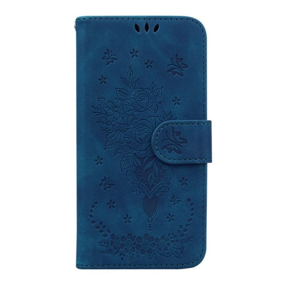 Flip Case Für Samsung Galaxy A14 / A14 5G Mit Kordel Riemchenrosen Und Schmetterlinge