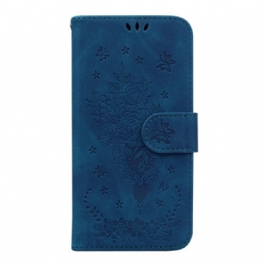 Flip Case Für Samsung Galaxy A14 / A14 5G Mit Kordel Riemchenrosen Und Schmetterlinge