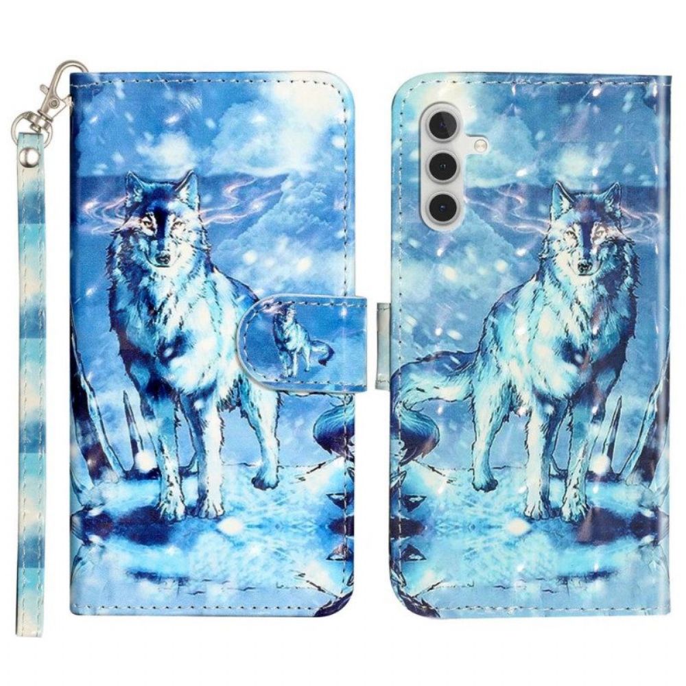 Flip Case Für Samsung Galaxy A14 / A14 5G Wolf Mit Schlüsselband