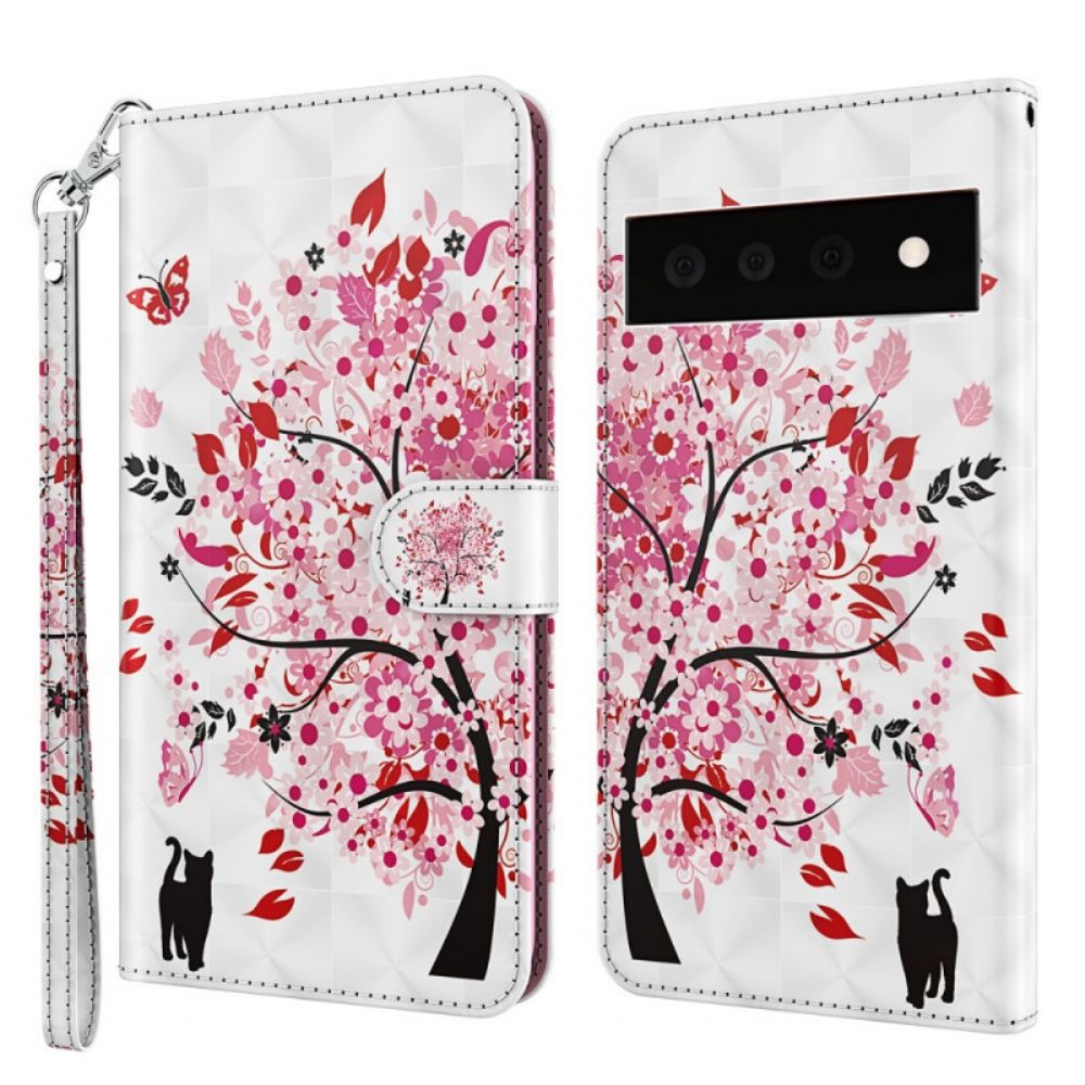 Flip Case Für Google Pixel 6 Pro Rosa Baum Und Schwarze Katze