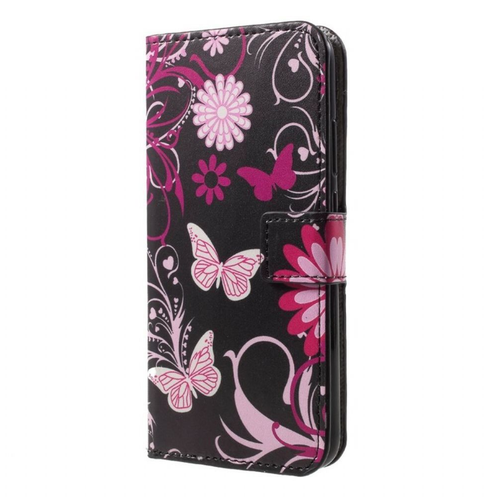 Flip Case Für Huawei P20 Lite Schmetterlinge Und Blumen