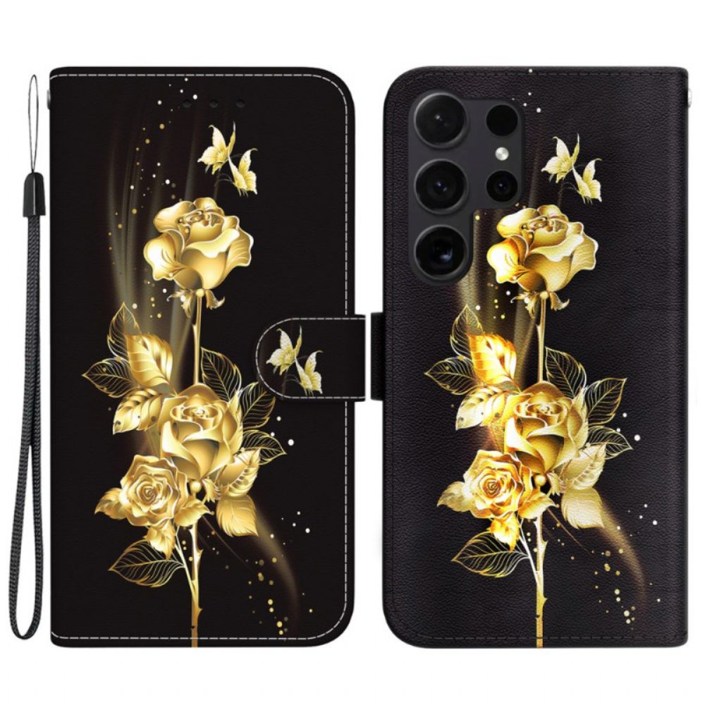 Lederhüllen Für Samsung Galaxy S24 Ultra 5g Goldschmetterling Und Rose Mit Riemen