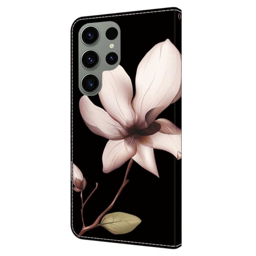 Lederhüllen Für Samsung Galaxy S24 Ultra 5g Rosa Blume Auf Schwarzem Hintergrund