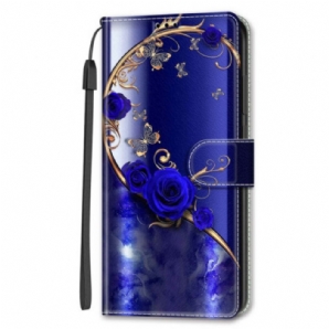 Lederhüllen Samsung Galaxy S24 Ultra 5g Blaue Rose Und Goldene Schmetterlinge Mit Riemen