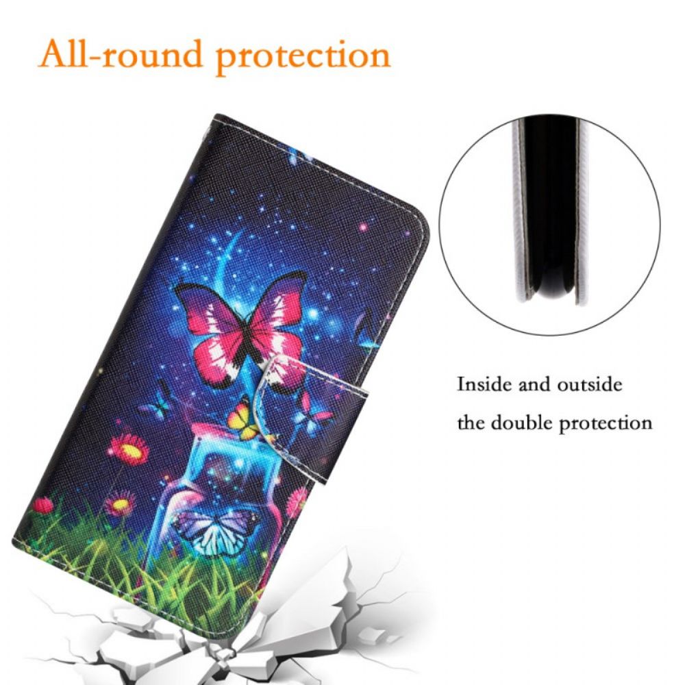 Lederhüllen Samsung Galaxy S24 Ultra 5g Flasche Und Schmetterling Mit Riemen