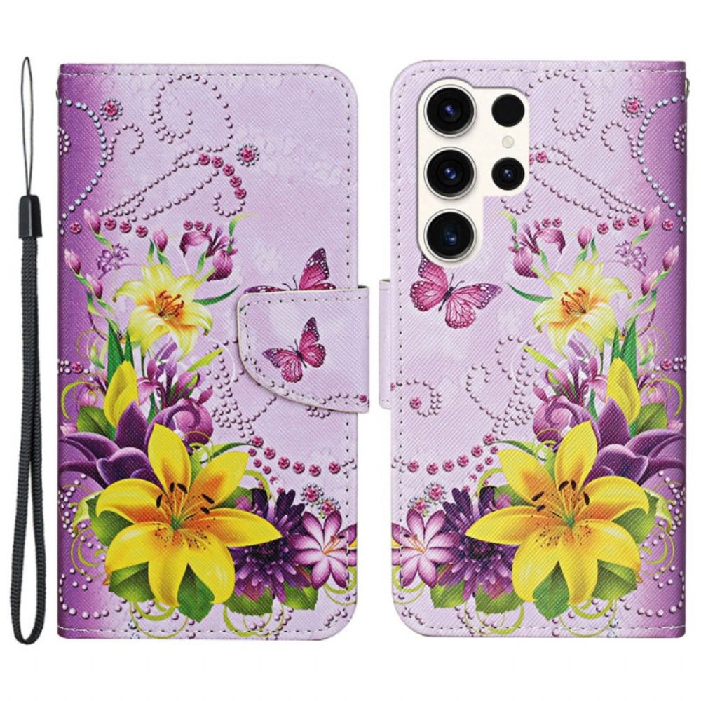 Lederhüllen Samsung Galaxy S24 Ultra 5g Gelbe Blumen Und Schmetterlinge Mit Riemen