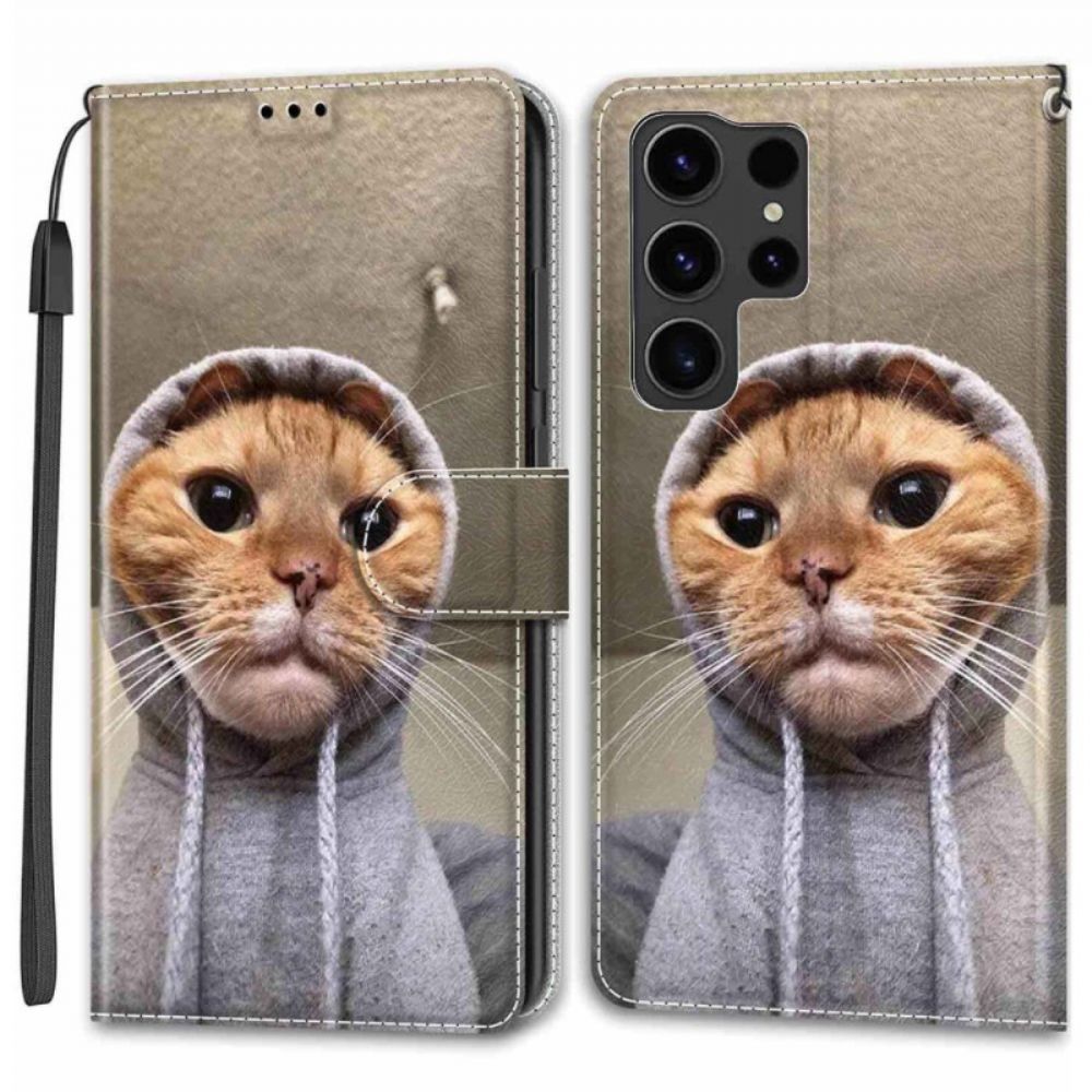 Lederhüllen Samsung Galaxy S24 Ultra 5g Handyhülle Katze Im Gelben Trägerpullover