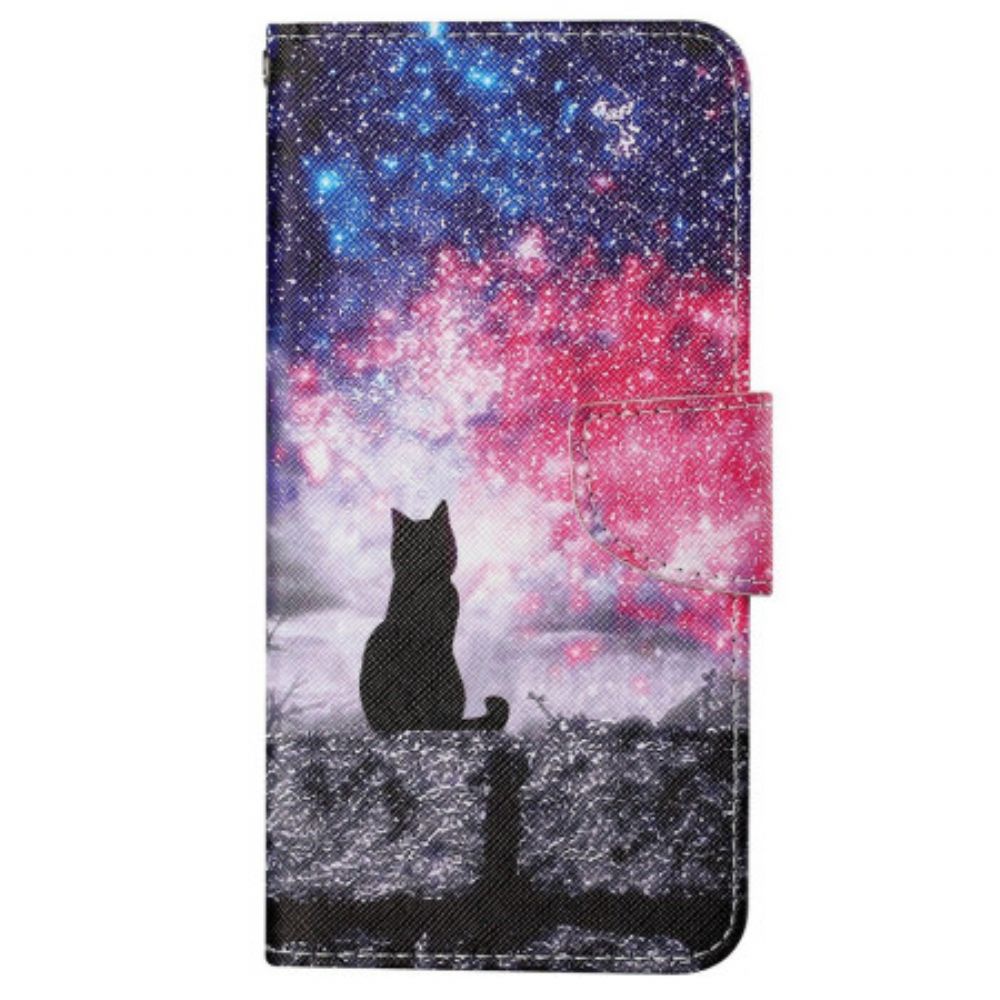 Lederhüllen Samsung Galaxy S24 Ultra 5g Handyhülle Sternenhimmel Und Schlüsselband Katze