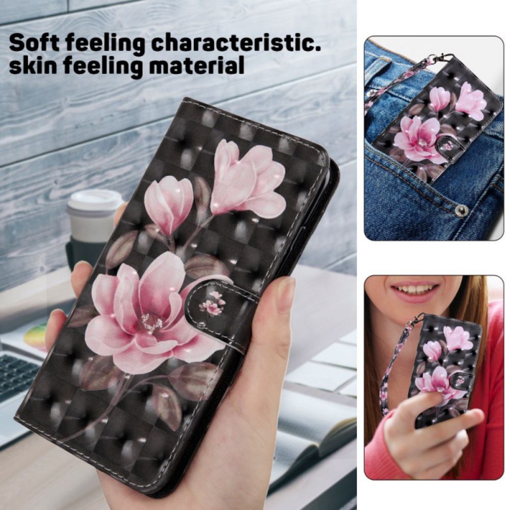 Lederhüllen Samsung Galaxy S24 Ultra 5g Rosa Blumen Auf Schwarzem Hintergrund Mit Riemen