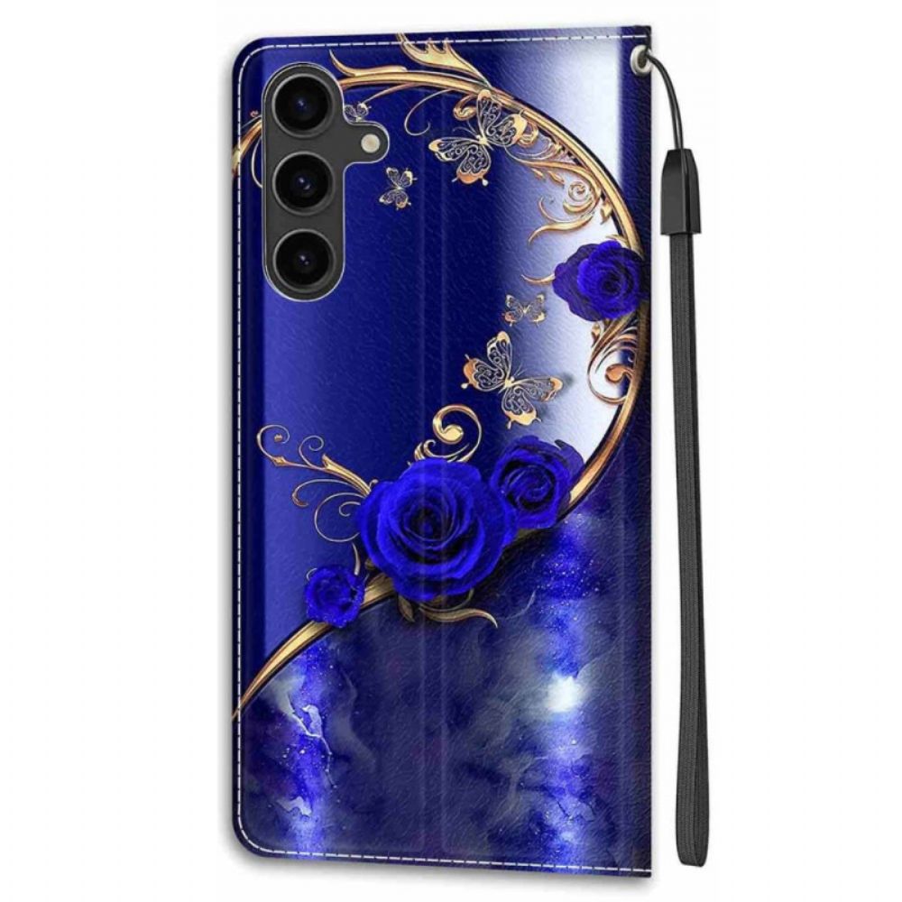 Lederhüllen Für Samsung Galaxy S24 Plus 5g Blaue Rose Und Goldene Schmetterlinge Mit Riemen