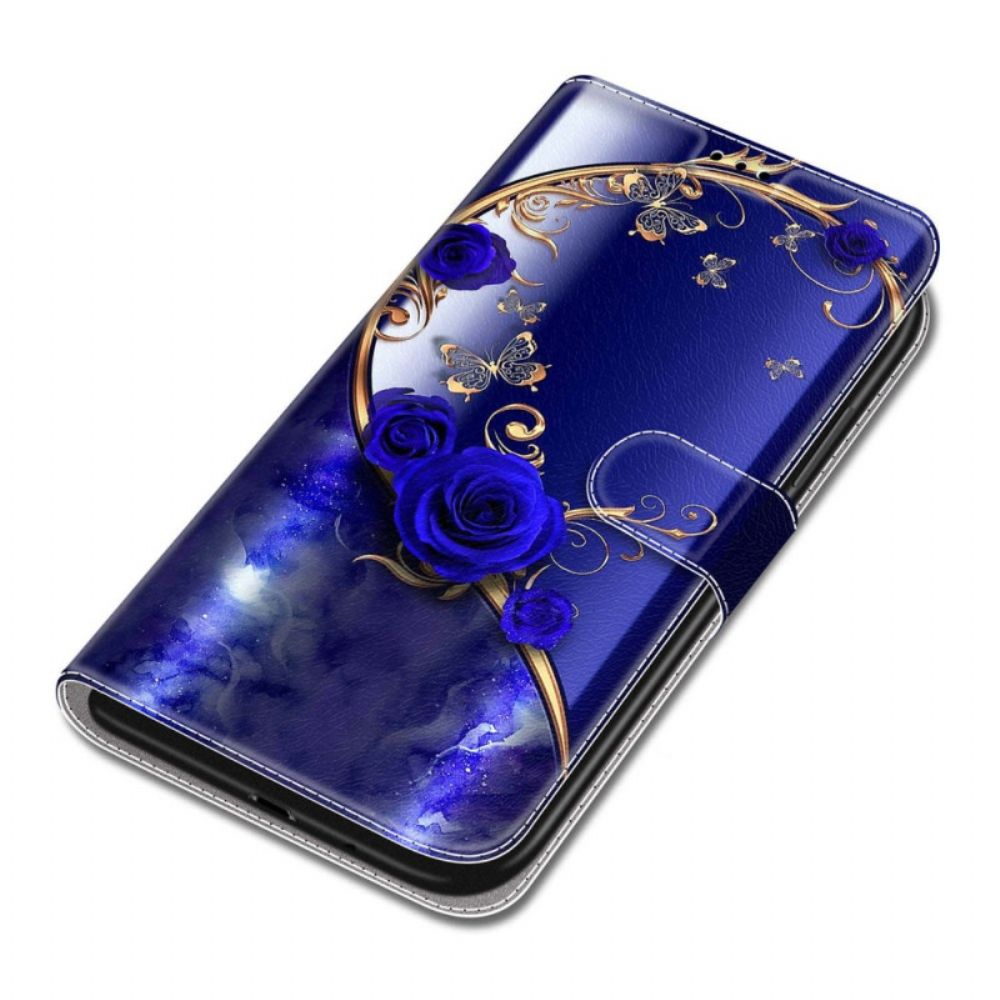 Lederhüllen Für Samsung Galaxy S24 Plus 5g Blaue Rose Und Goldene Schmetterlinge Mit Riemen