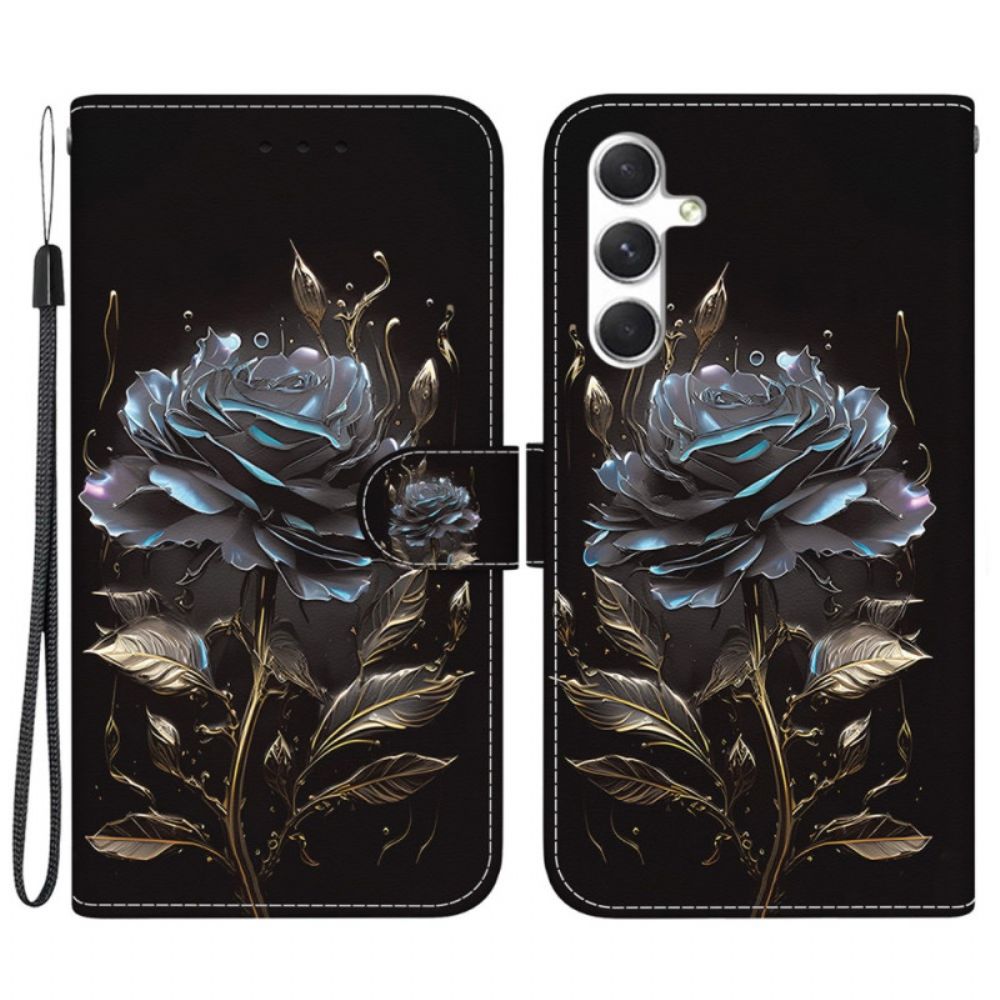 Lederhüllen Für Samsung Galaxy S24 Plus 5g Schwarze Rose Mit Riemen