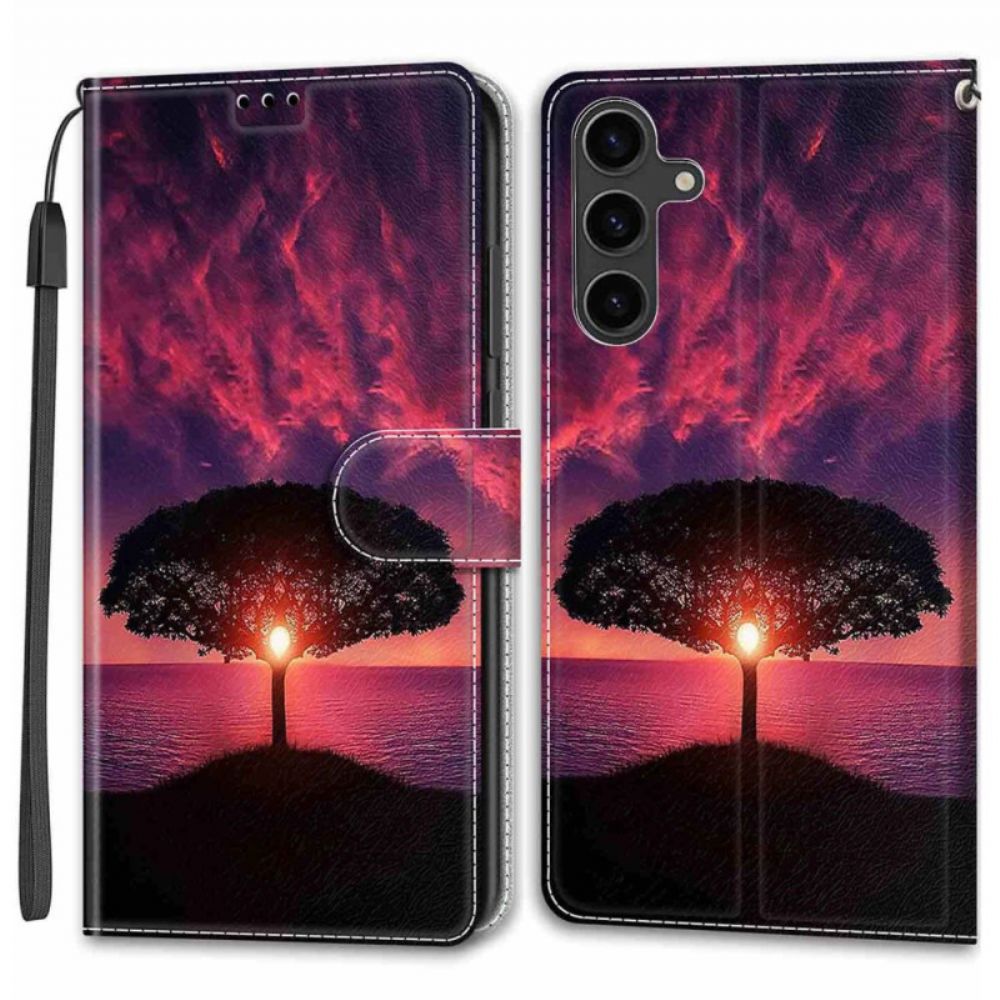 Lederhüllen Für Samsung Galaxy S24 Plus 5g Schwarzer Baum Bei Sonnenuntergang Mit Riemen