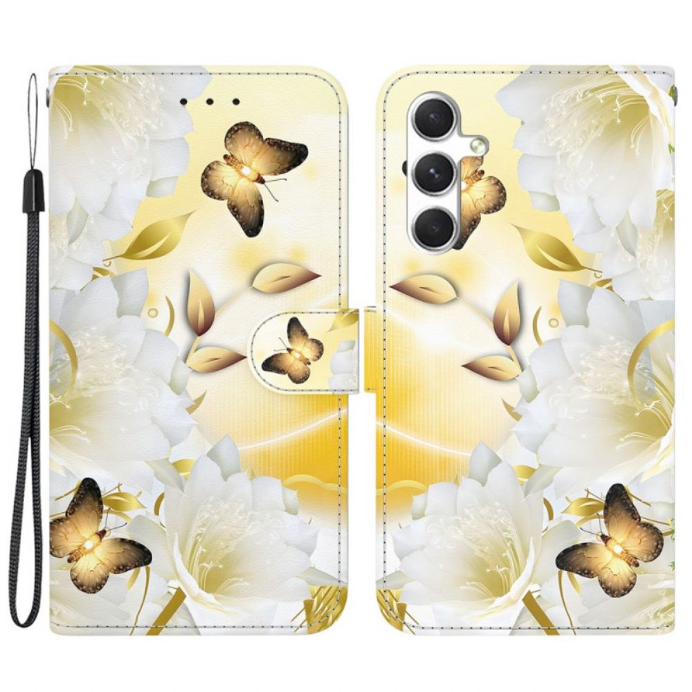 Lederhüllen Samsung Galaxy S24 Plus 5g Handyhülle Goldene Schmetterlinge Und Blumen Mit Riemen