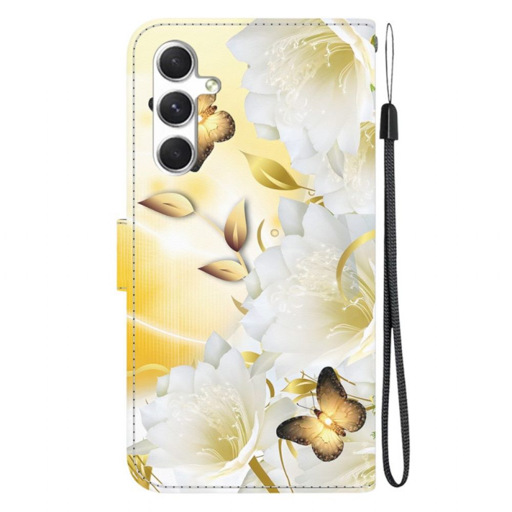 Lederhüllen Samsung Galaxy S24 Plus 5g Handyhülle Goldene Schmetterlinge Und Blumen Mit Riemen