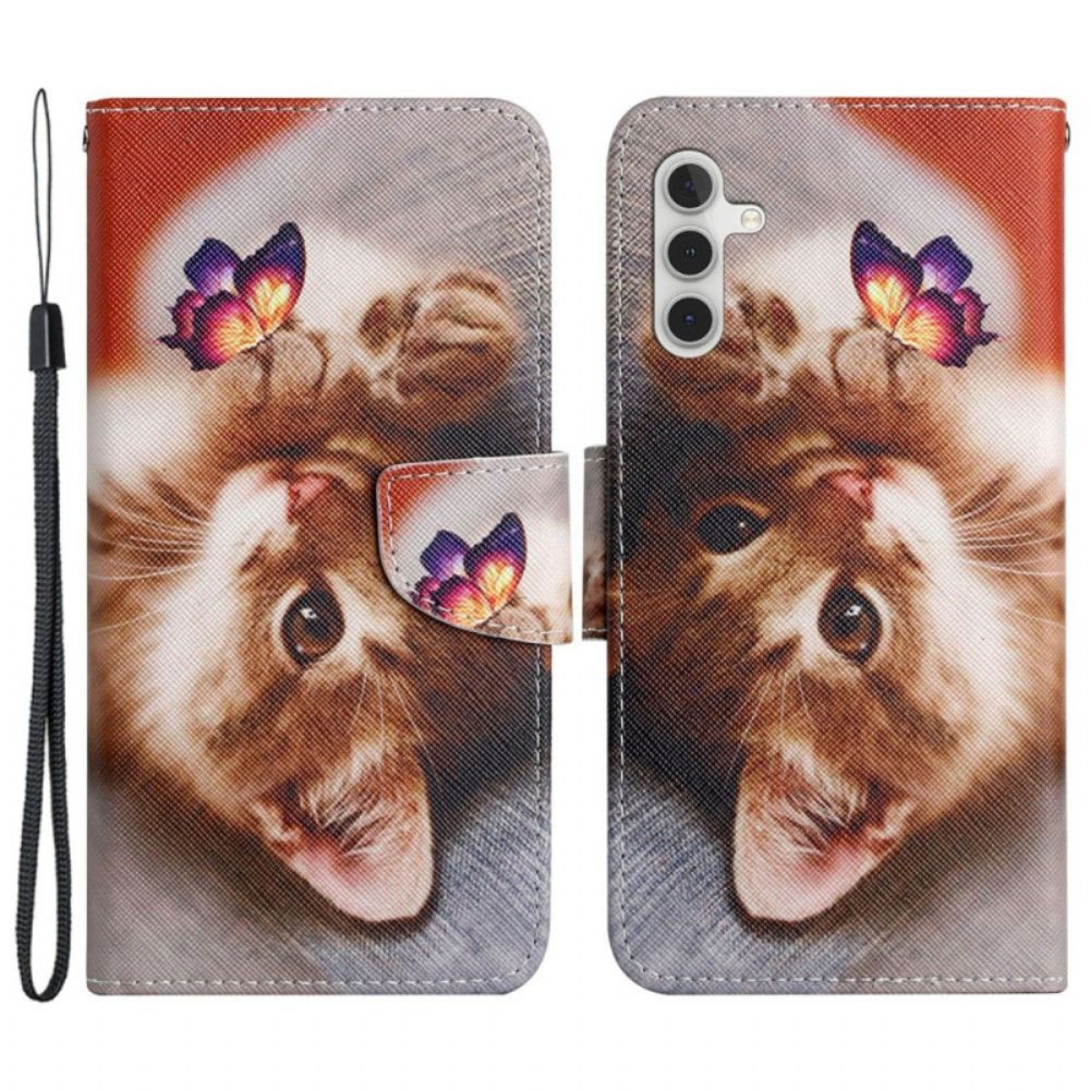 Lederhüllen Samsung Galaxy S24 Plus 5g Handyhülle Schmetterling Und Katze Mit Riemen