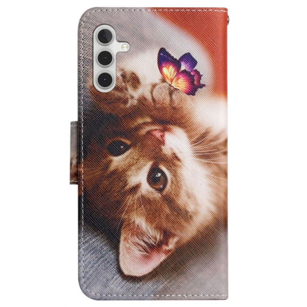 Lederhüllen Samsung Galaxy S24 Plus 5g Handyhülle Schmetterling Und Katze Mit Riemen