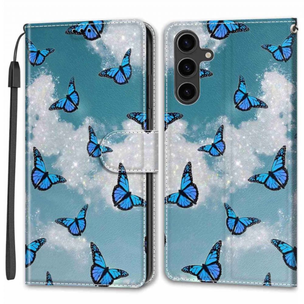 Lederhüllen Samsung Galaxy S24 Plus 5g Weiße Wolke Mit Blauen Schmetterlingen Mit Riemen