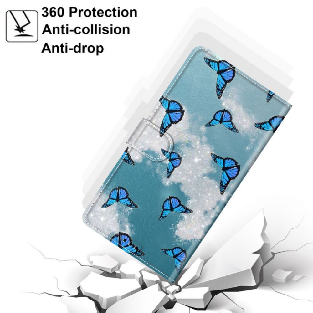 Lederhüllen Samsung Galaxy S24 Plus 5g Weiße Wolke Mit Blauen Schmetterlingen Mit Riemen