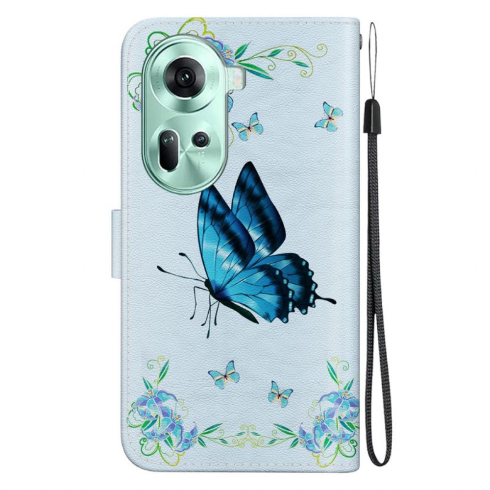 Lederhüllen Für Oppo Reno 11 5g Blauer Schmetterling Und Blumen Mit Riemen