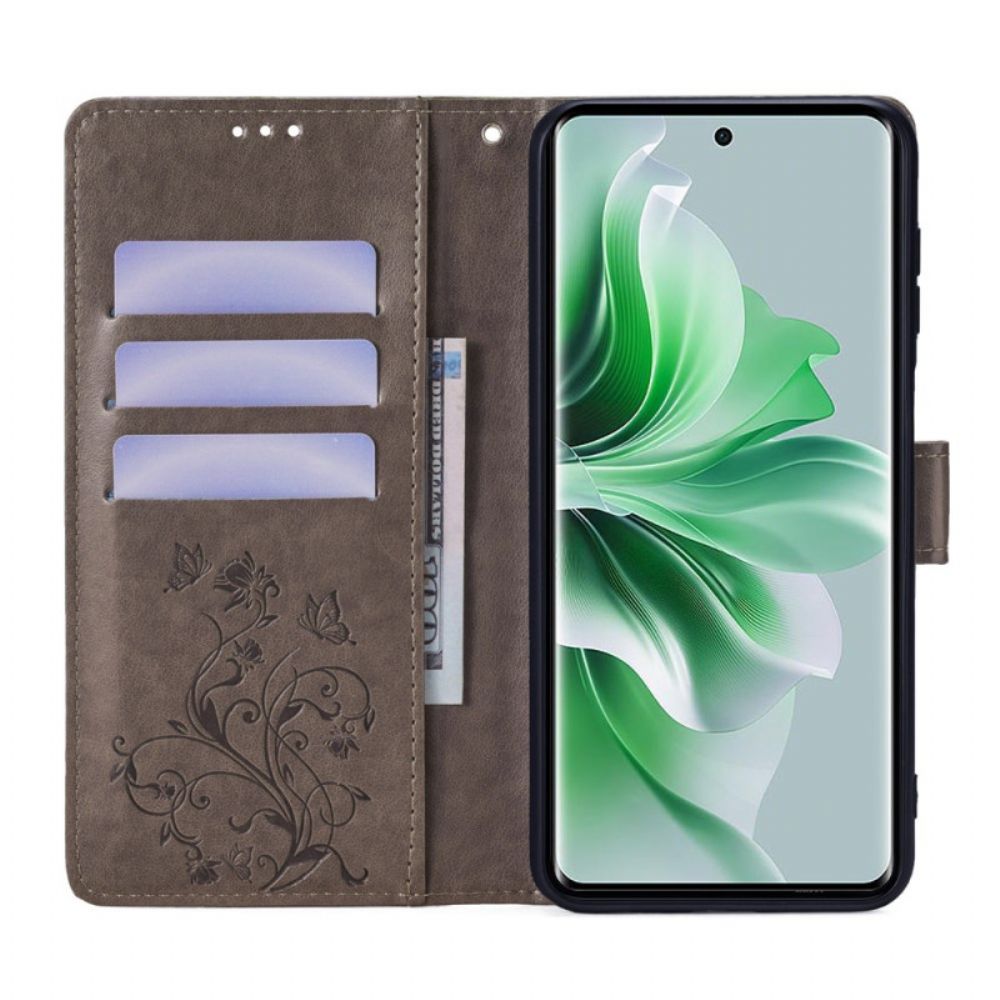 Lederhüllen Für Oppo Reno 11 5g Schmetterlinge Und Blumen Mit Riemen