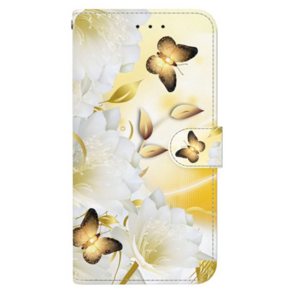 Lederhüllen Oppo Reno 11 5g Handyhülle Goldene Schmetterlinge Und Blumen Mit Riemen