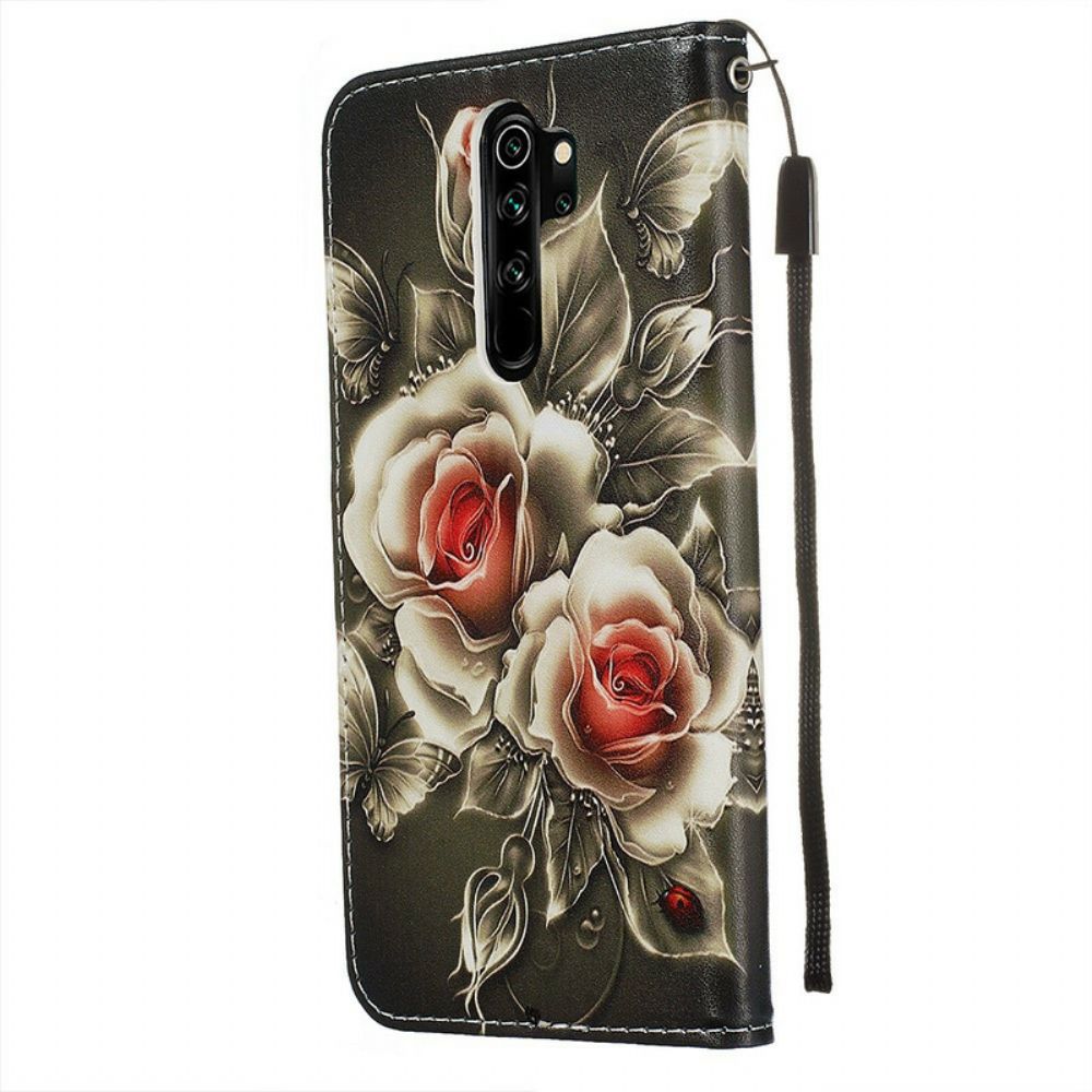 Lederhüllen Für Xiaomi Redmi Note 8 Pro Mit Kordel Schwarze Rose Mit Riemen