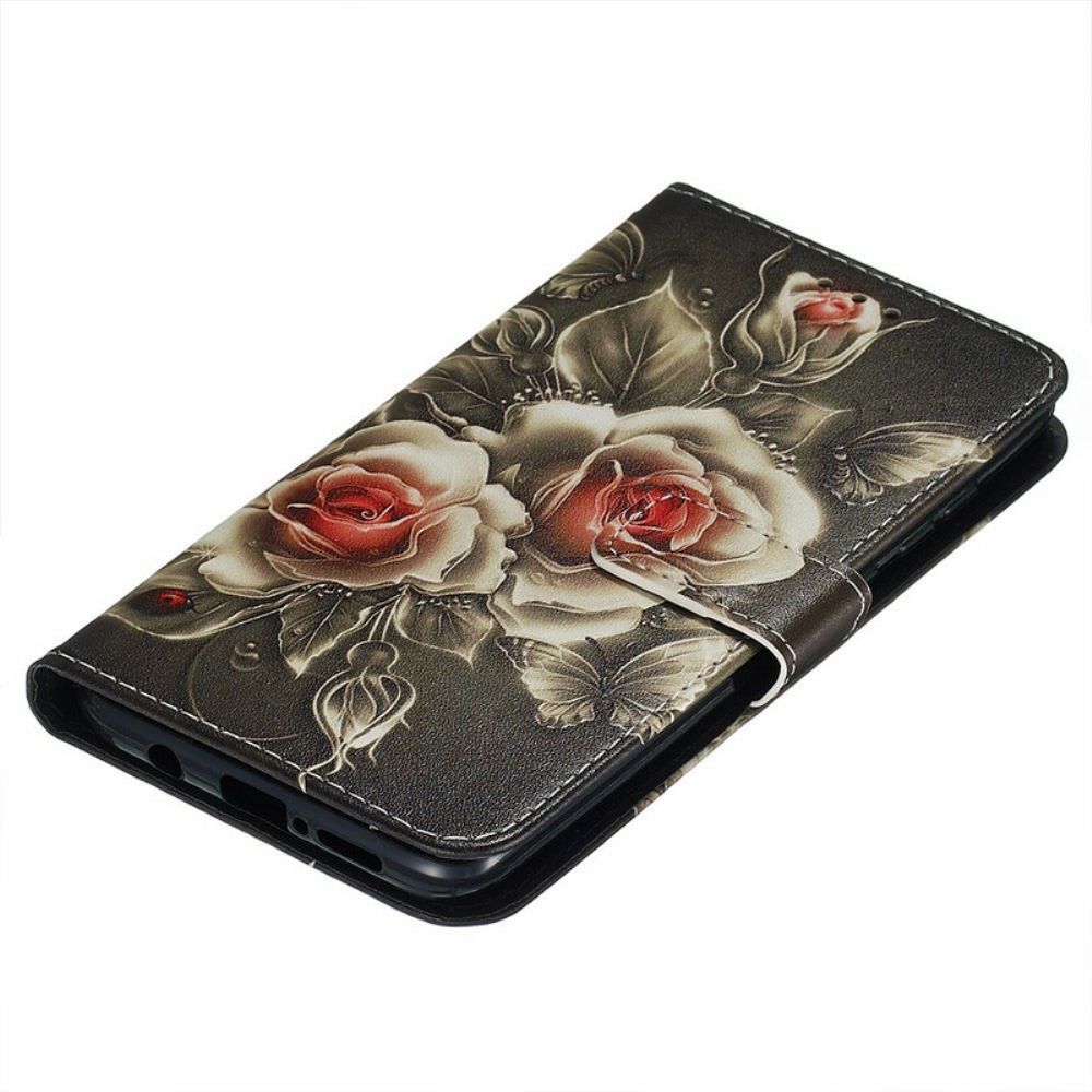 Lederhüllen Für Xiaomi Redmi Note 8 Pro Mit Kordel Schwarze Rose Mit Riemen