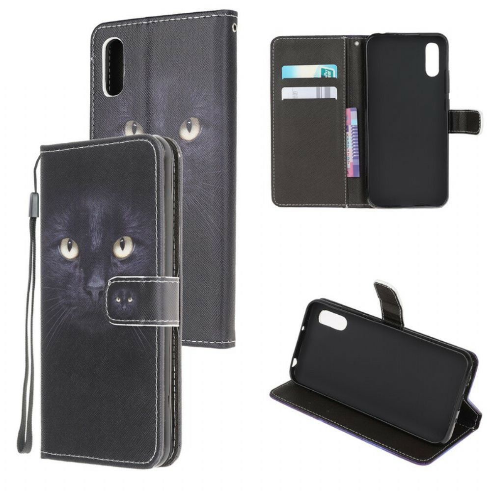 Flip Case Für Xiaomi Redmi 9A Mit Kordel Schwarze Katzenaugen Mit Riemen