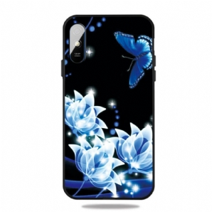 Hülle Für Xiaomi Redmi 9A Schmetterling Und Blaue Blumen