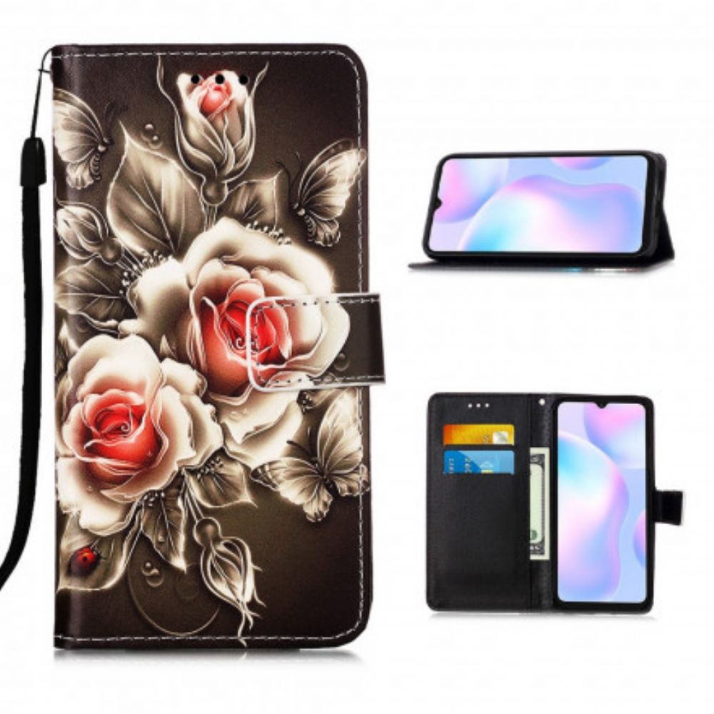 Lederhüllen Für Xiaomi Redmi 9A Mit Kordel Schwarze Rose Mit Riemen