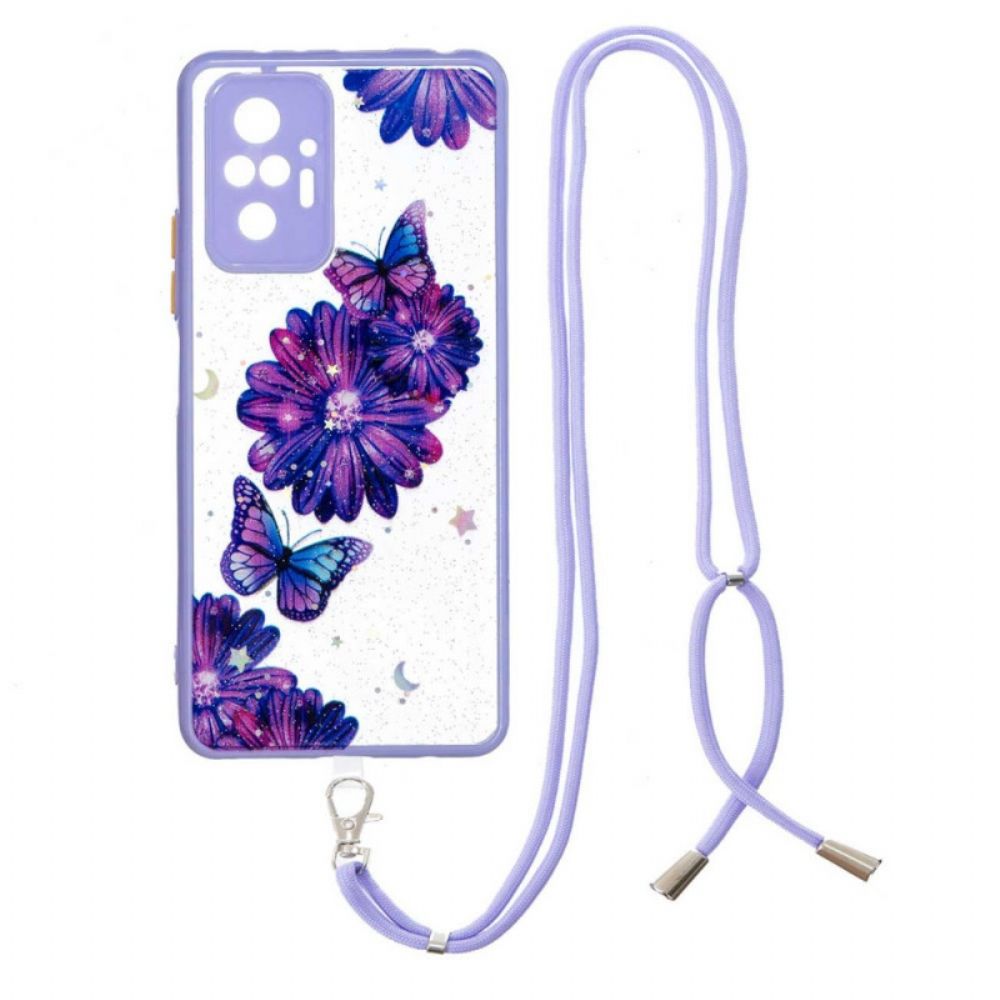 Hülle Für Xiaomi Redmi Note 10 Pro Blumenschmetterling Mit Kordel