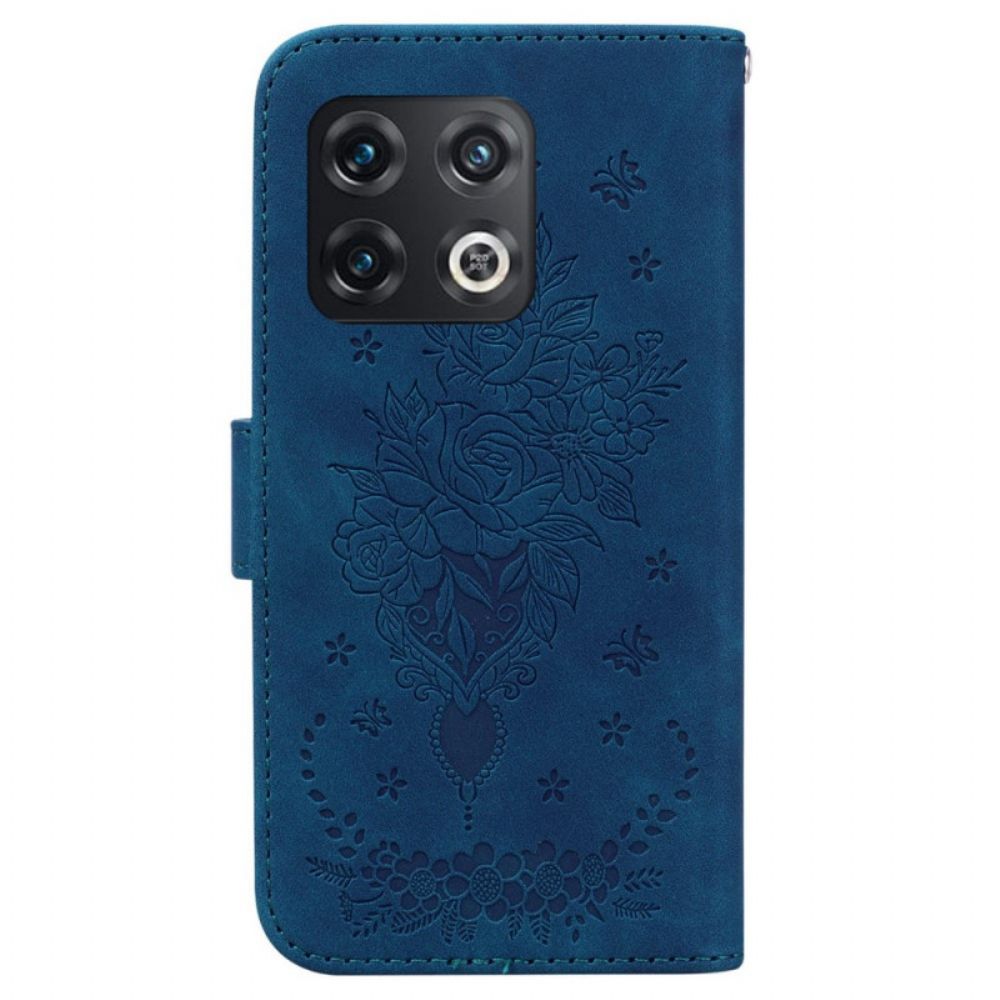 Flip Case Für OnePlus 10 Pro 5G Mit Kordel Rosen Und Schmetterlinge Mit Riemen