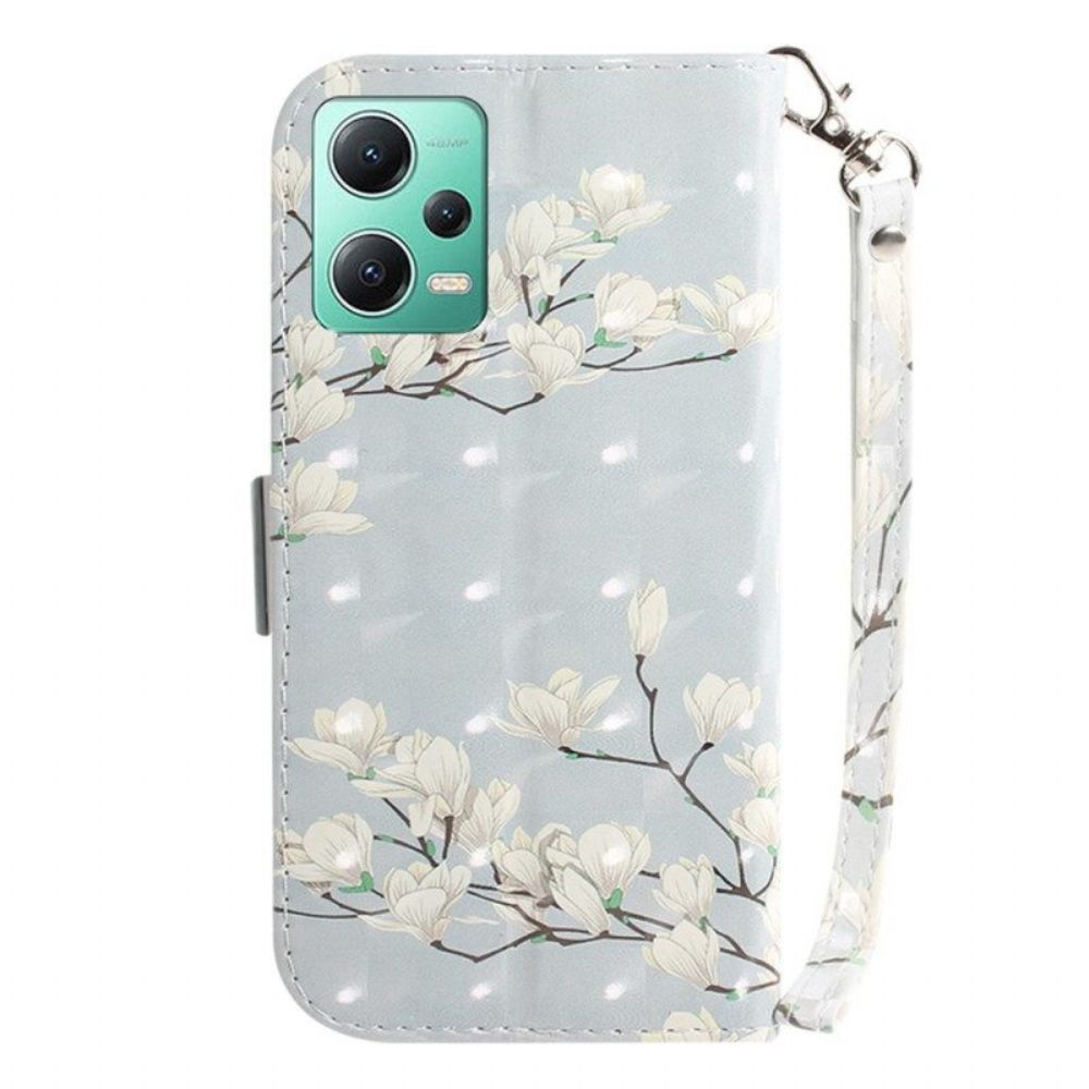 Flip Case Für Poco X5 5G Mit Kordel Weiße Riemchenblumen