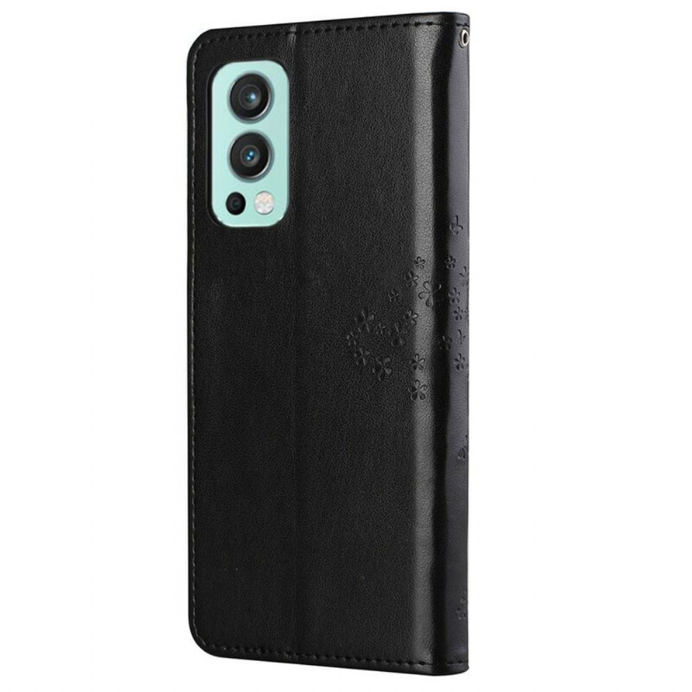 Flip Case Für OnePlus Nord 2 5G Mit Kordel Baum Und Riemcheneulen