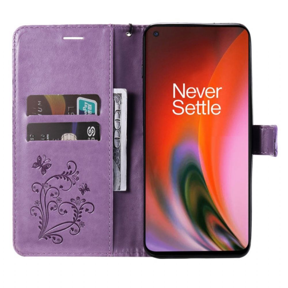 Flip Case Für OnePlus Nord 2 5G Mit Kordel Riesige Riemchen-schmetterlinge