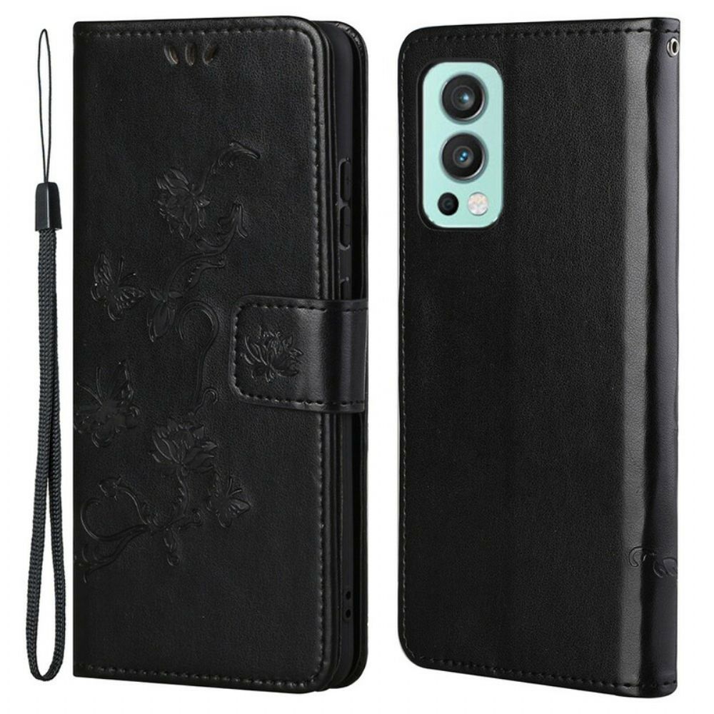 Flip Case Für OnePlus Nord 2 5G Mit Kordel Tanga Schmetterlinge Und Blumen