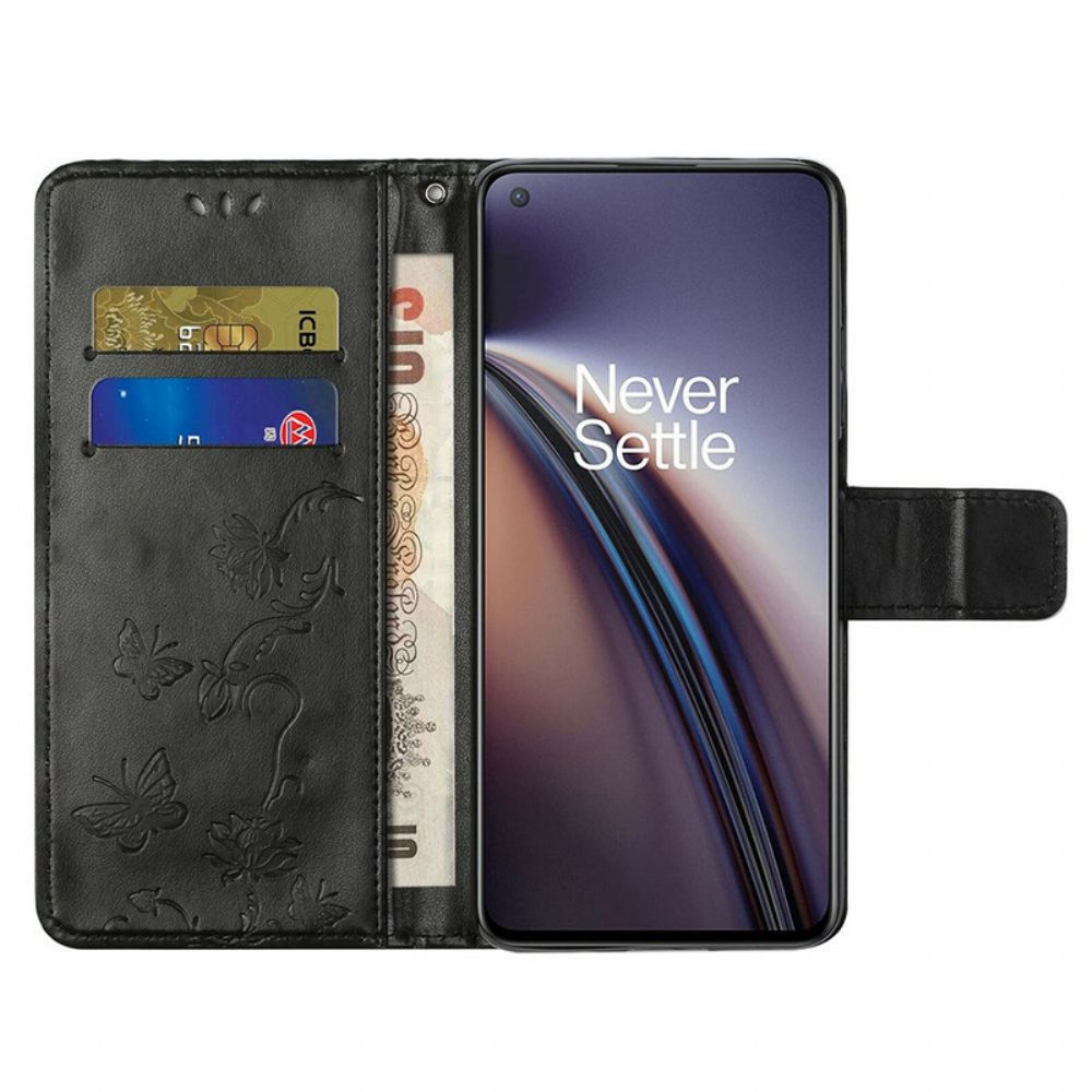 Flip Case Für OnePlus Nord 2 5G Mit Kordel Tanga Schmetterlinge Und Blumen