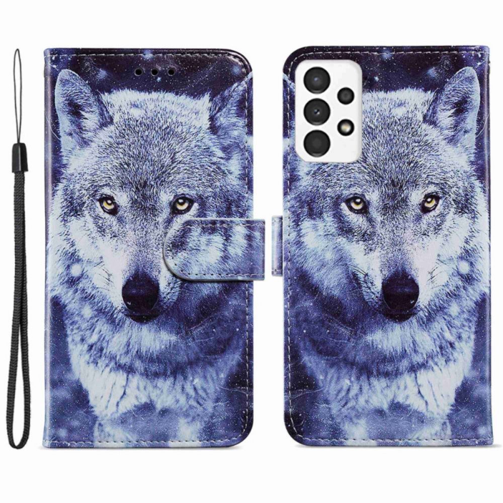 Lederhüllen Für Samsung Galaxy A13 Schöner Wolf Mit Lanyard