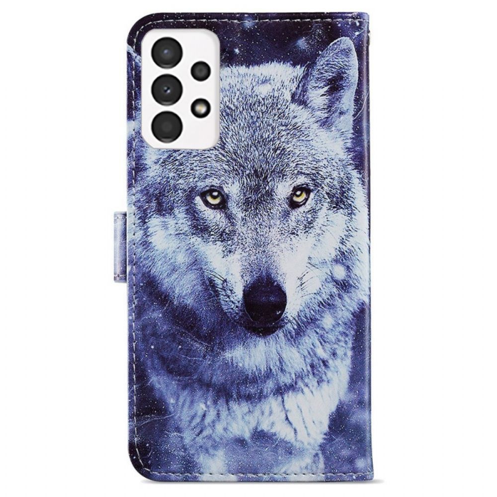 Lederhüllen Für Samsung Galaxy A13 Schöner Wolf Mit Lanyard