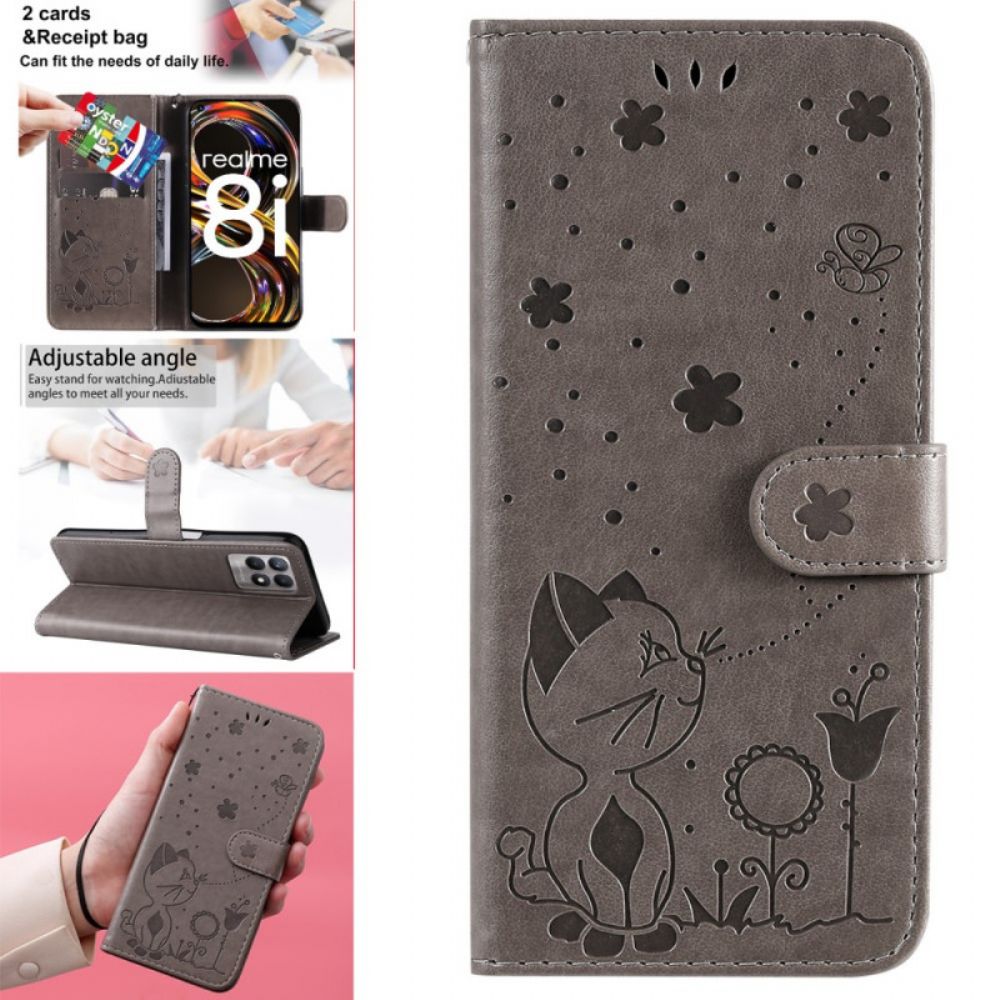 Flip Case Für Realme 8i Mit Kordel Tanga Katze Und Biene