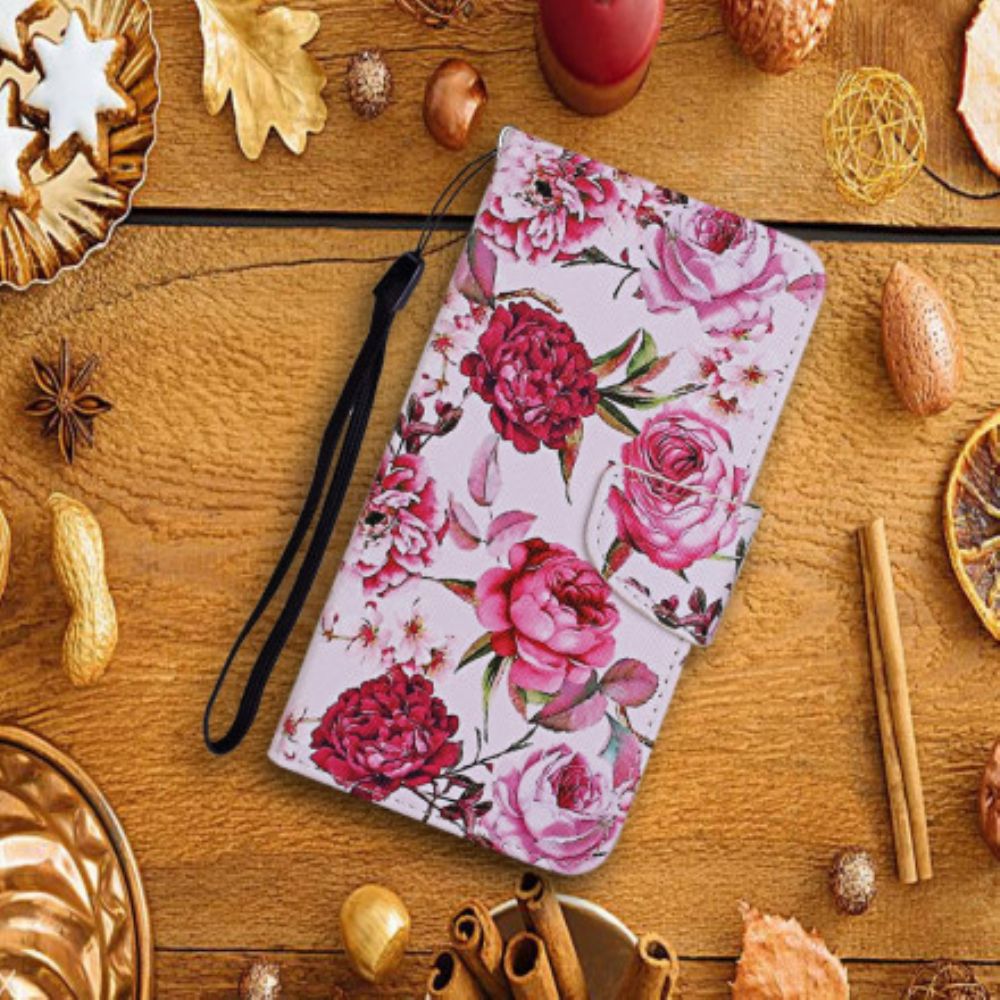 Lederhüllen Für Xiaomi Mi 10T Lite / Redmi Note 9 Pro 5G Meisterhafte Blumen Mit Riemen